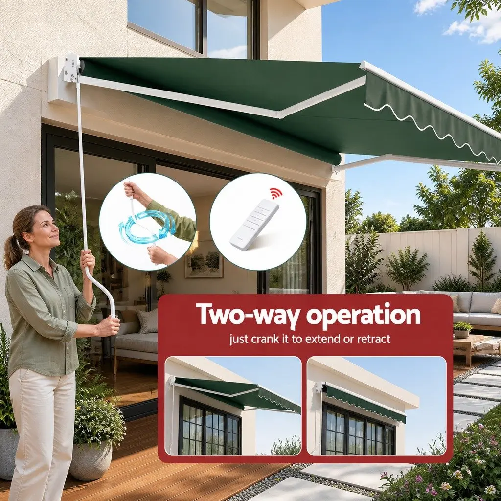 Folding Arm Awning Motorised 5M x 3M Powder-coated Aluminium Dark Green