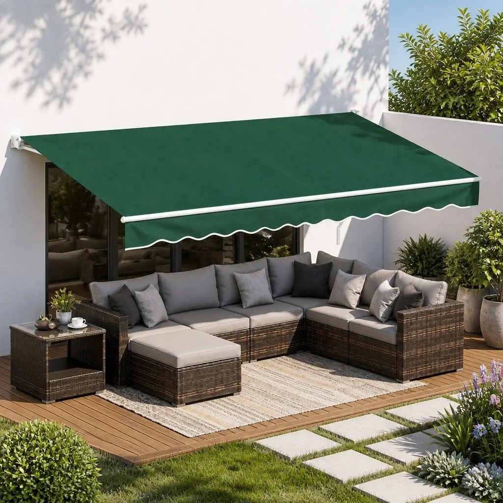 Folding Arm Awning Motorised 5M x 3M Powder-coated Aluminium Dark Green