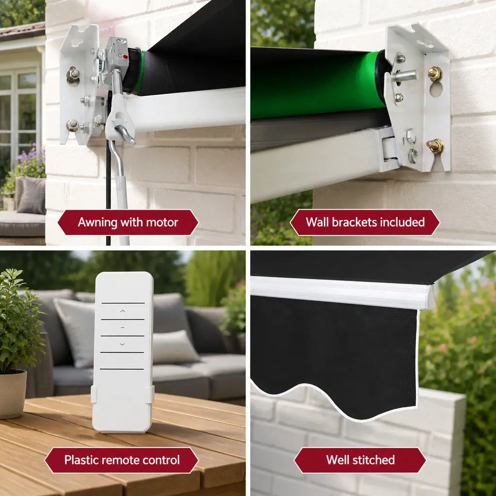 Motorised Retractable Folding Arm Awning Aluminium Frame 5m x 3m Grey Polyester