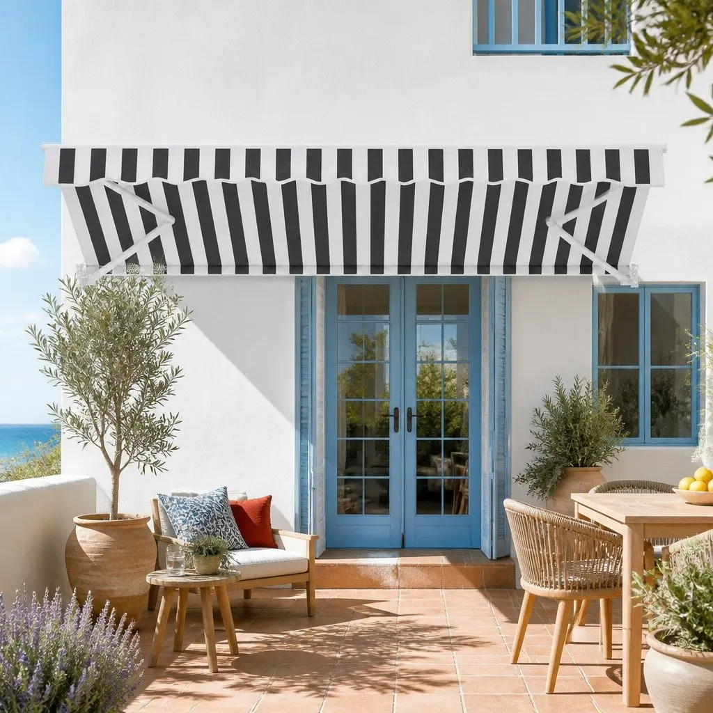 Retractable Folding Arm Awning Motorised Polyester 5M x 3M Grey and White