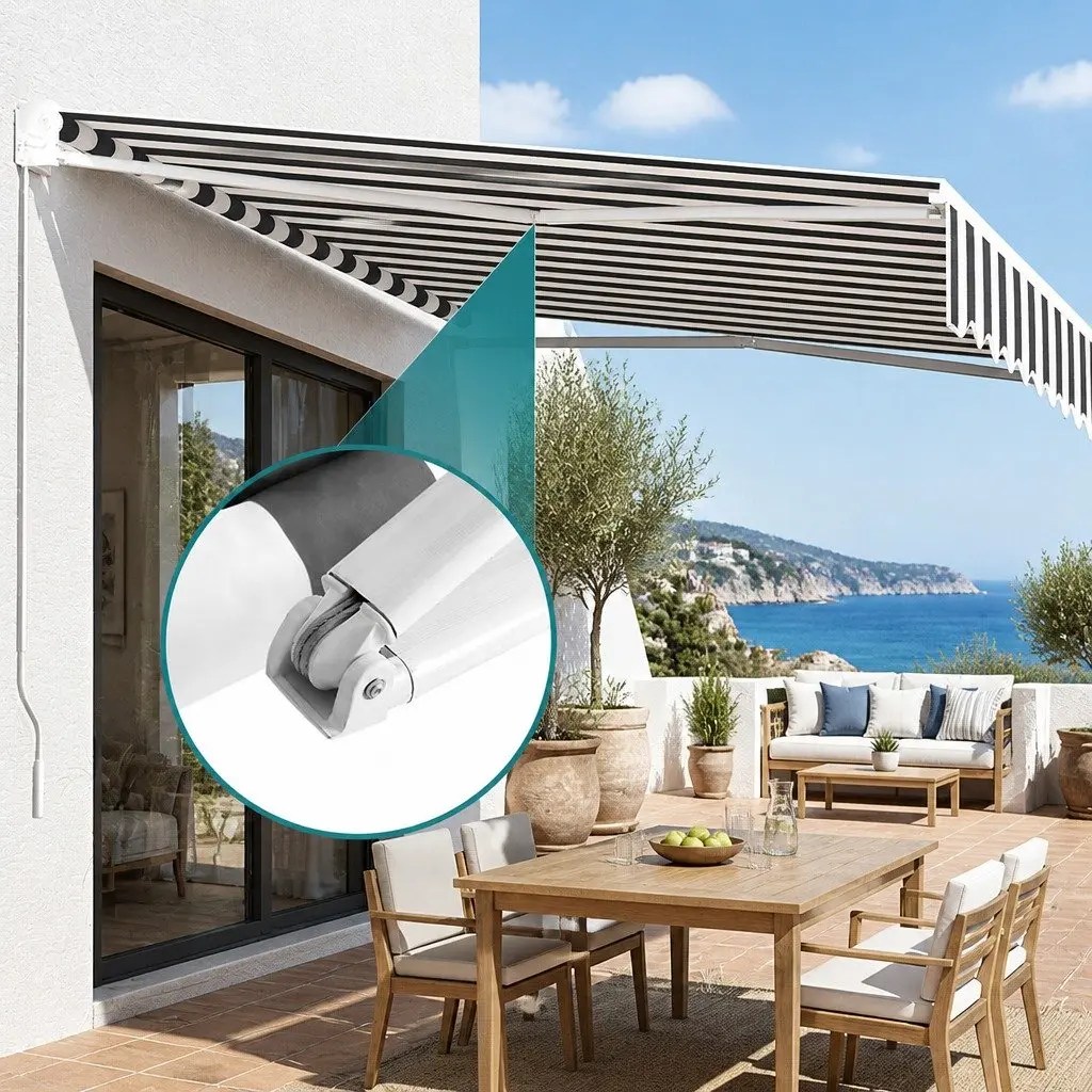 Retractable Folding Arm Awning Motorised Polyester 5M x 3M Grey and White