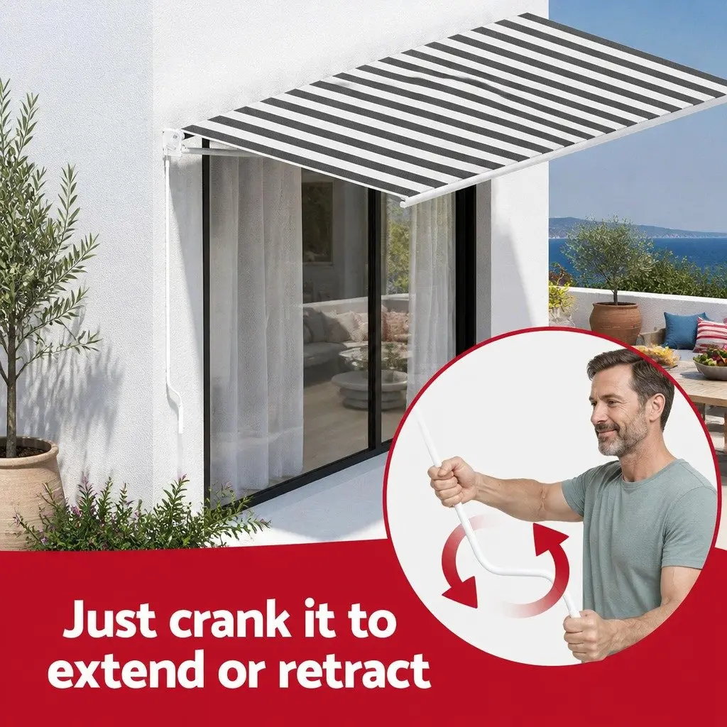 Retractable Folding Arm Awning Motorised Polyester 5M x 3M Grey and White