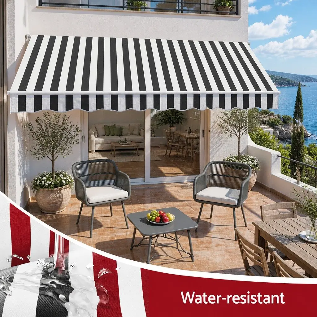 Retractable Folding Arm Awning Motorised Polyester 5M x 3M Grey and White