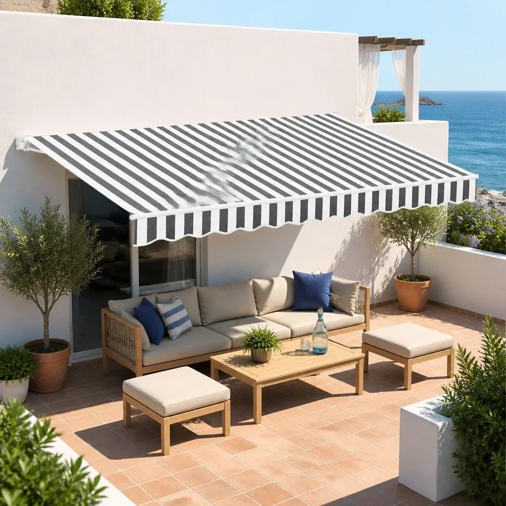 Retractable Folding Arm Awning Motorised Polyester 5M x 3M Grey and White