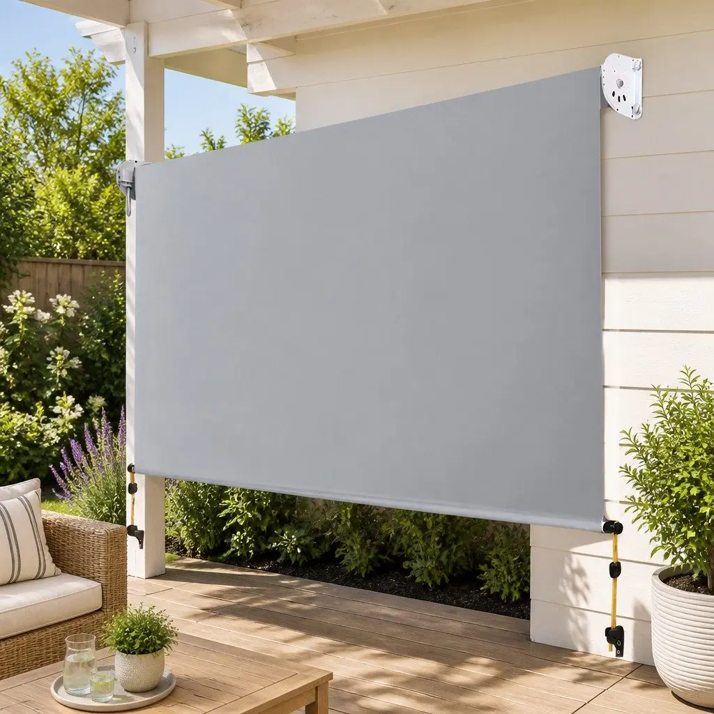 Retractable Awning Outdoor Shade Blind Grey Aluminium Frame 3M x 2.5M Breathable Fabric Screen