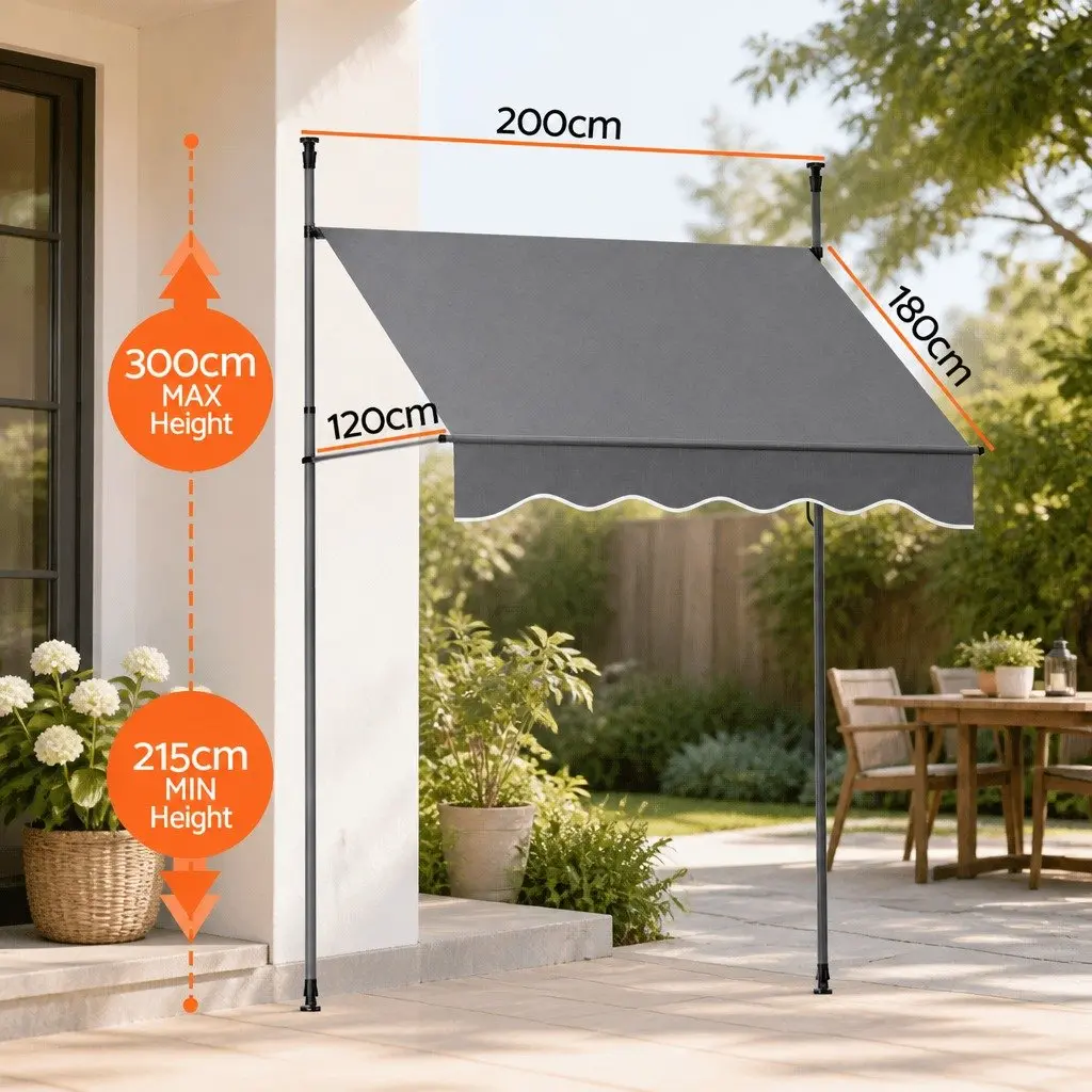 Retractable Awning Outdoor Shade Grey 2x1.8m Durable Polyester Fabric Steel Frame Hand Crank Operation