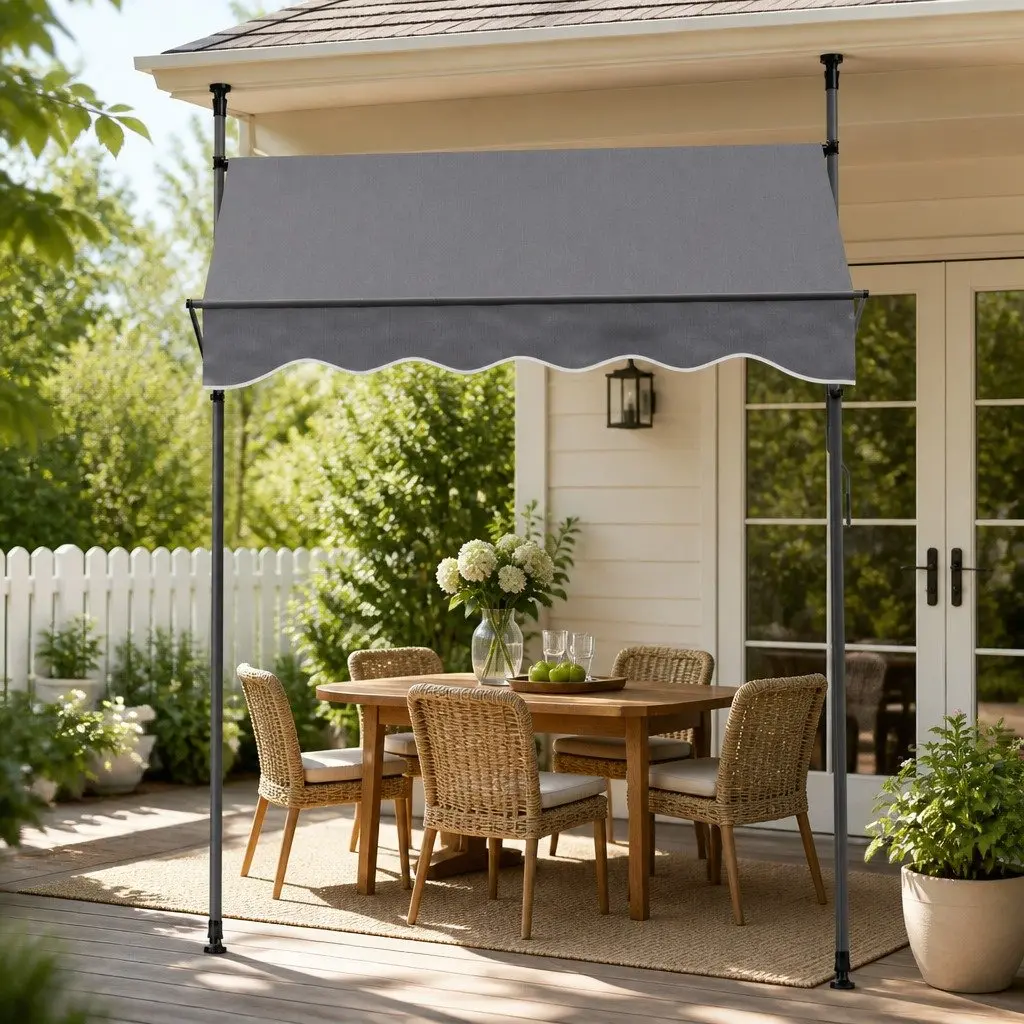 Retractable Awning Outdoor Shade Grey 2x1.8m Durable Polyester Fabric Steel Frame Hand Crank Operation