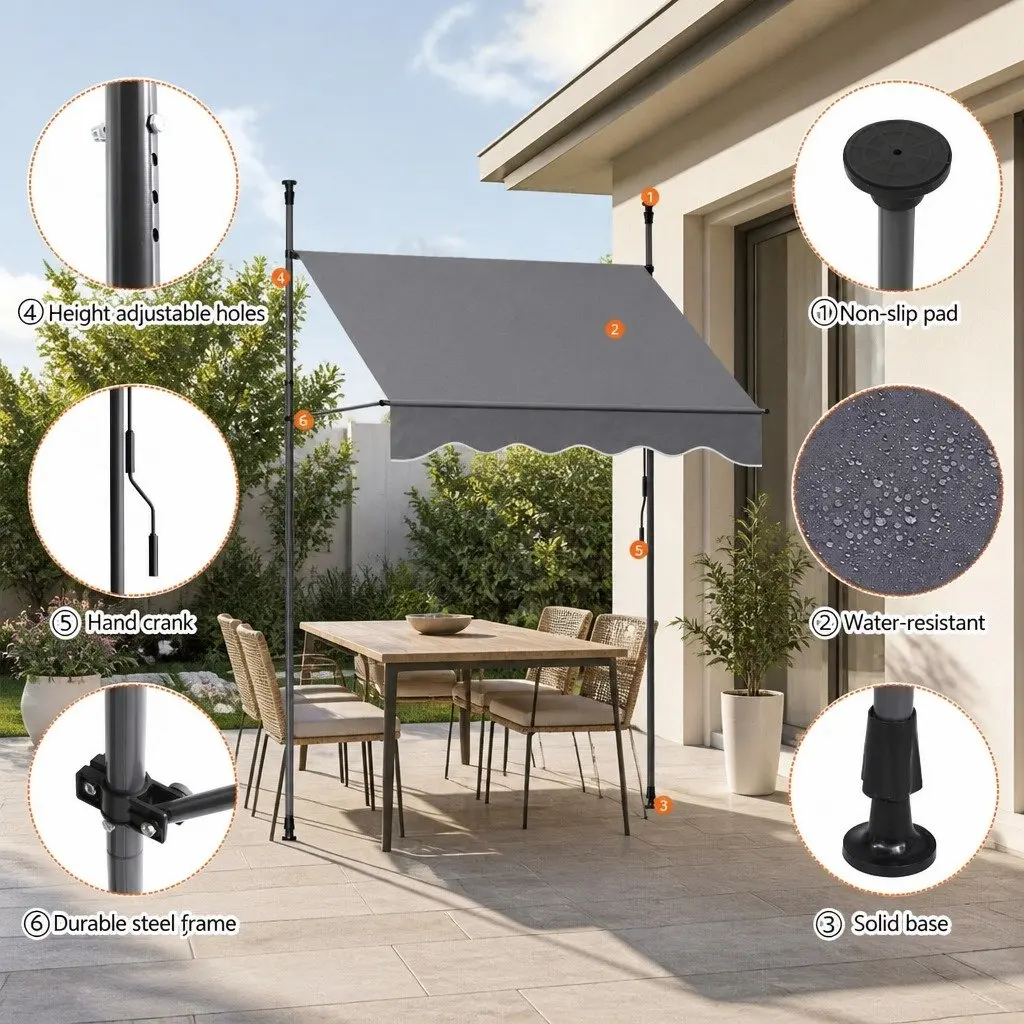 Retractable Awning Outdoor Shade Grey 2x1.8m Durable Polyester Fabric Steel Frame Hand Crank Operation