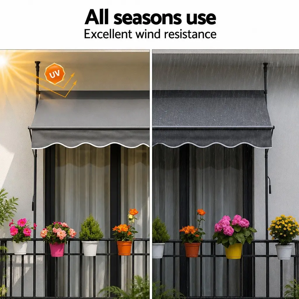 Retractable Awning Outdoor Shade Grey 2x1.8m Durable Polyester Fabric Steel Frame Hand Crank Operation