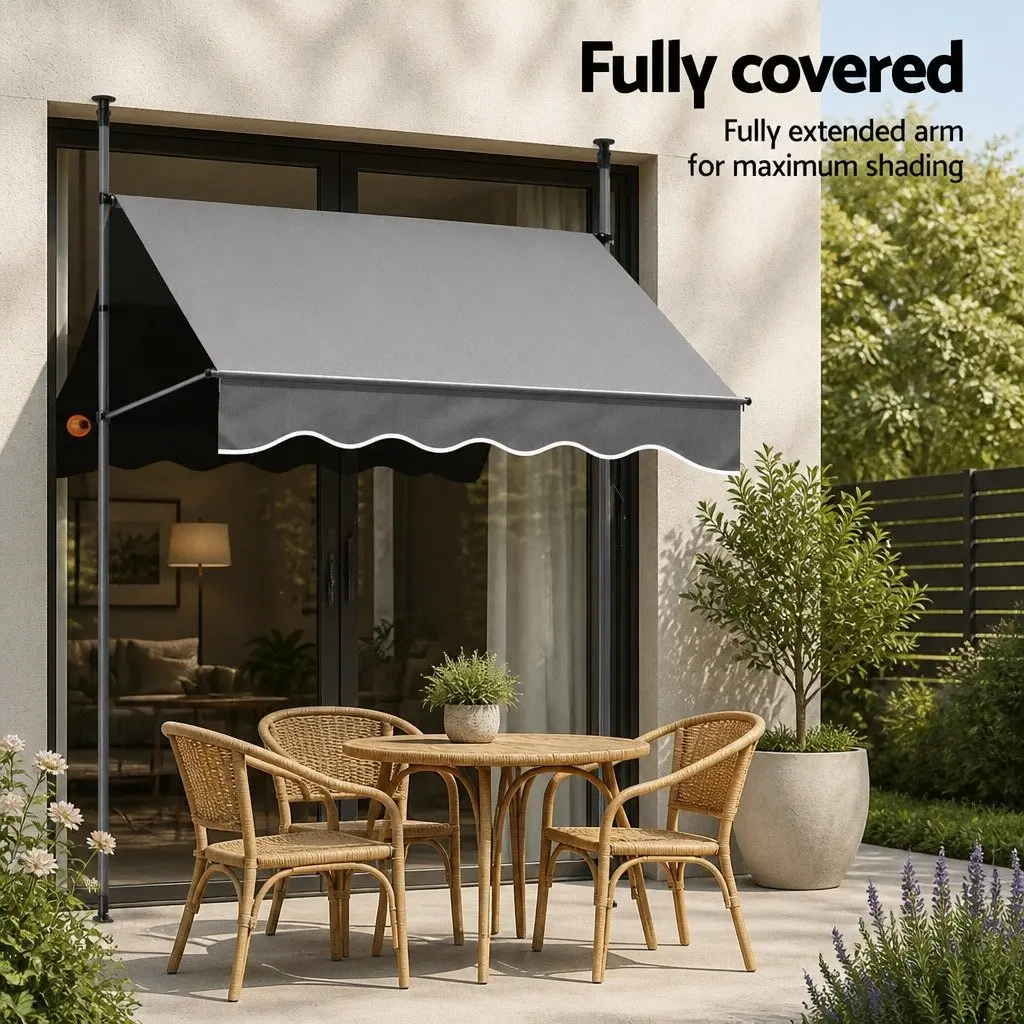 Retractable Awning Outdoor Shade Grey 2x1.8m Durable Polyester Fabric Steel Frame Hand Crank Operation