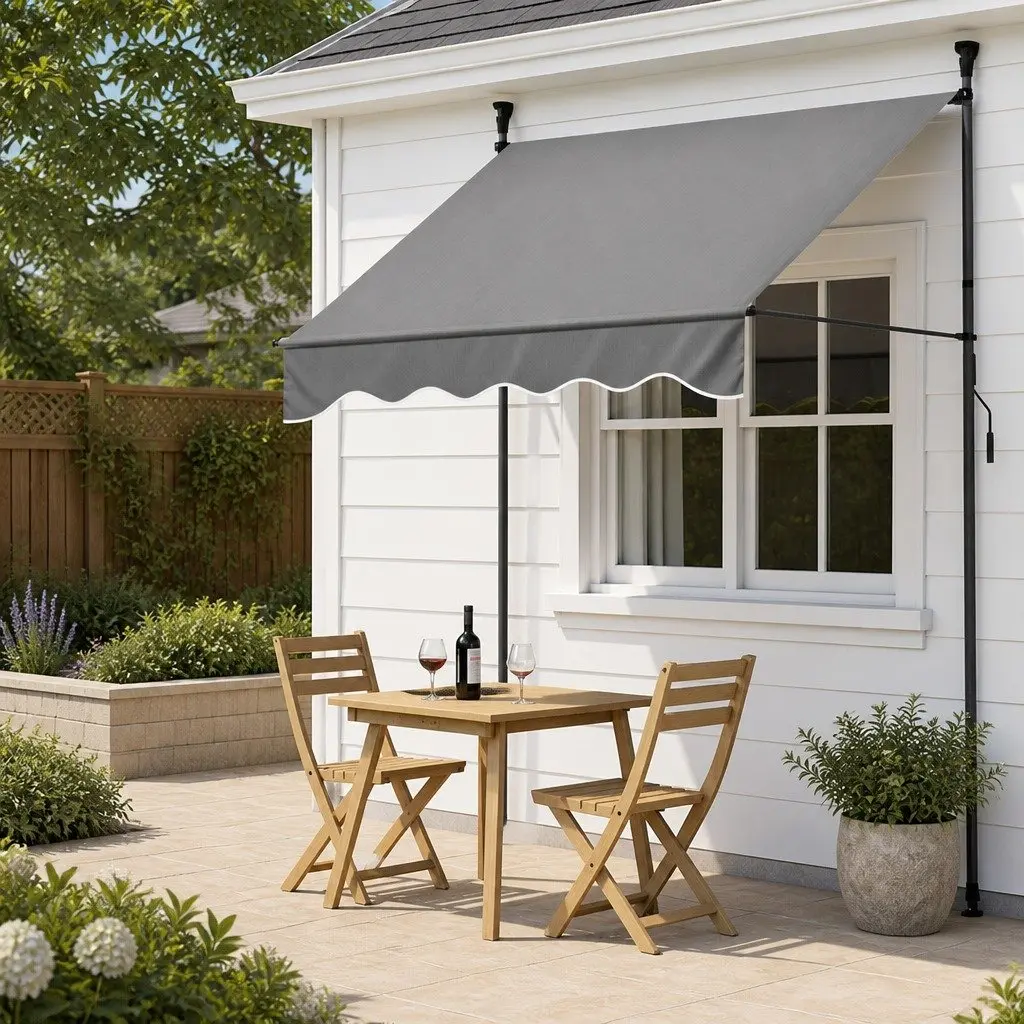 Retractable Awning Outdoor Shade Grey 2x1.8m Durable Polyester Fabric Steel Frame Hand Crank Operation