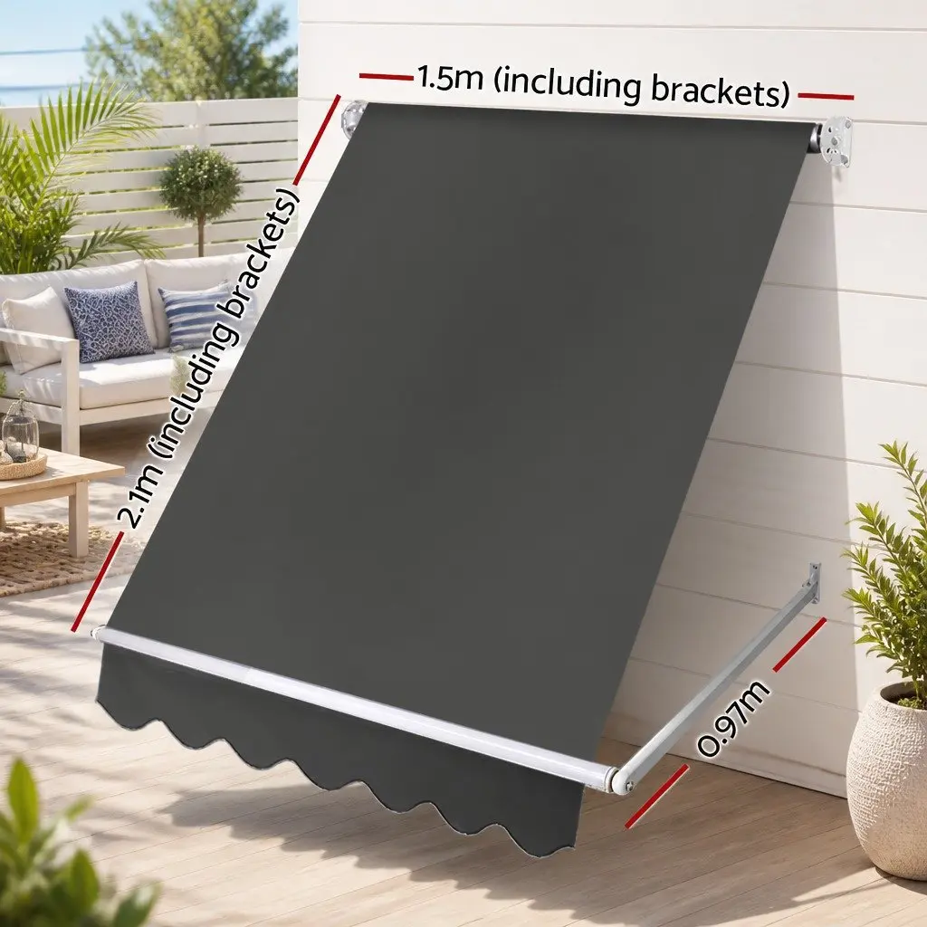 Retractable Pivot Arm Awning Aluminum Frame 1.5m x 2.1m Grey Polyester Shade