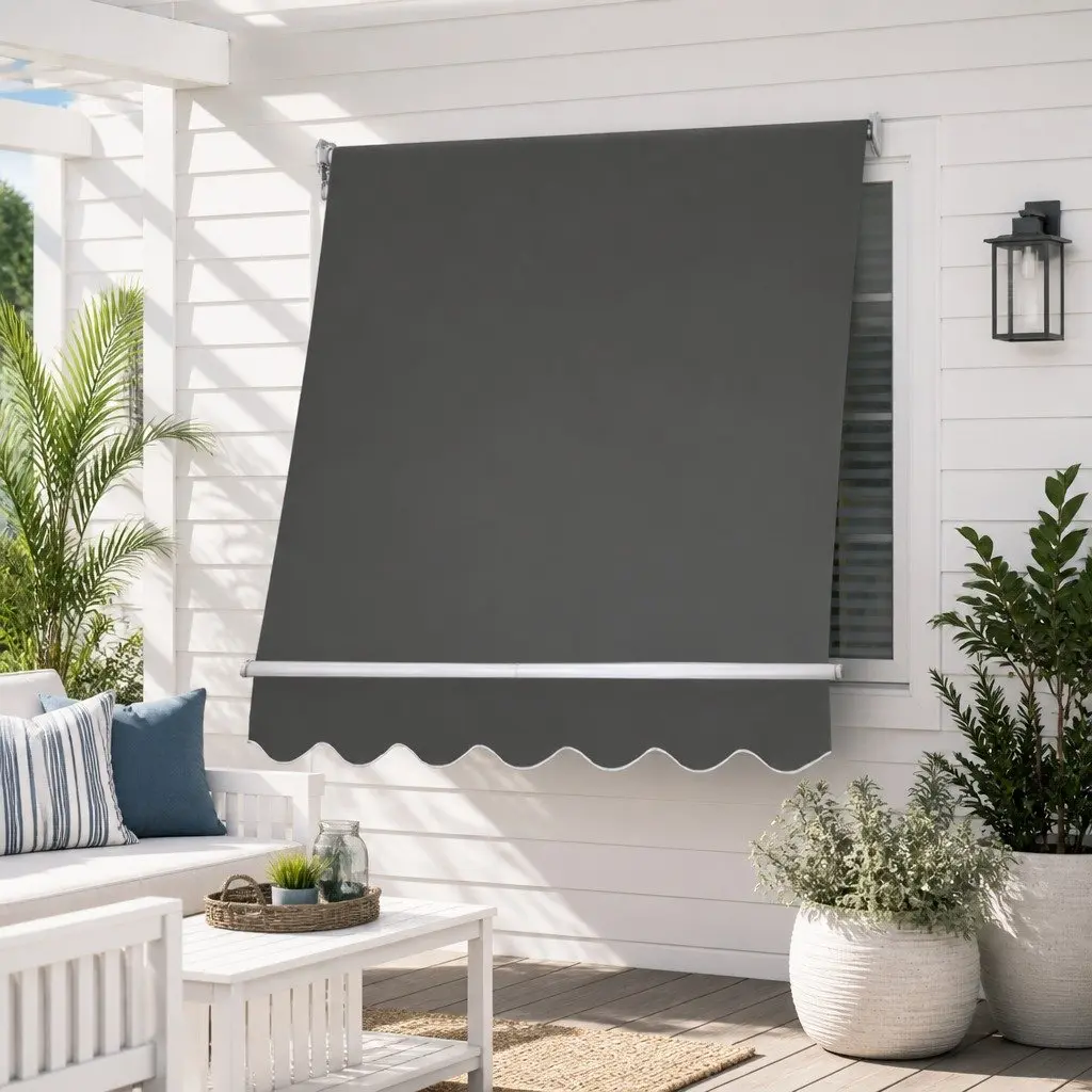Retractable Pivot Arm Awning Aluminum Frame 1.5m x 2.1m Grey Polyester Shade