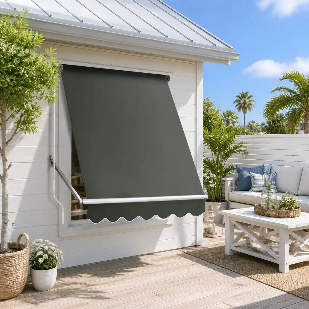 Retractable Pivot Arm Awning Aluminum Frame 1.5m x 2.1m Grey Polyester Shade