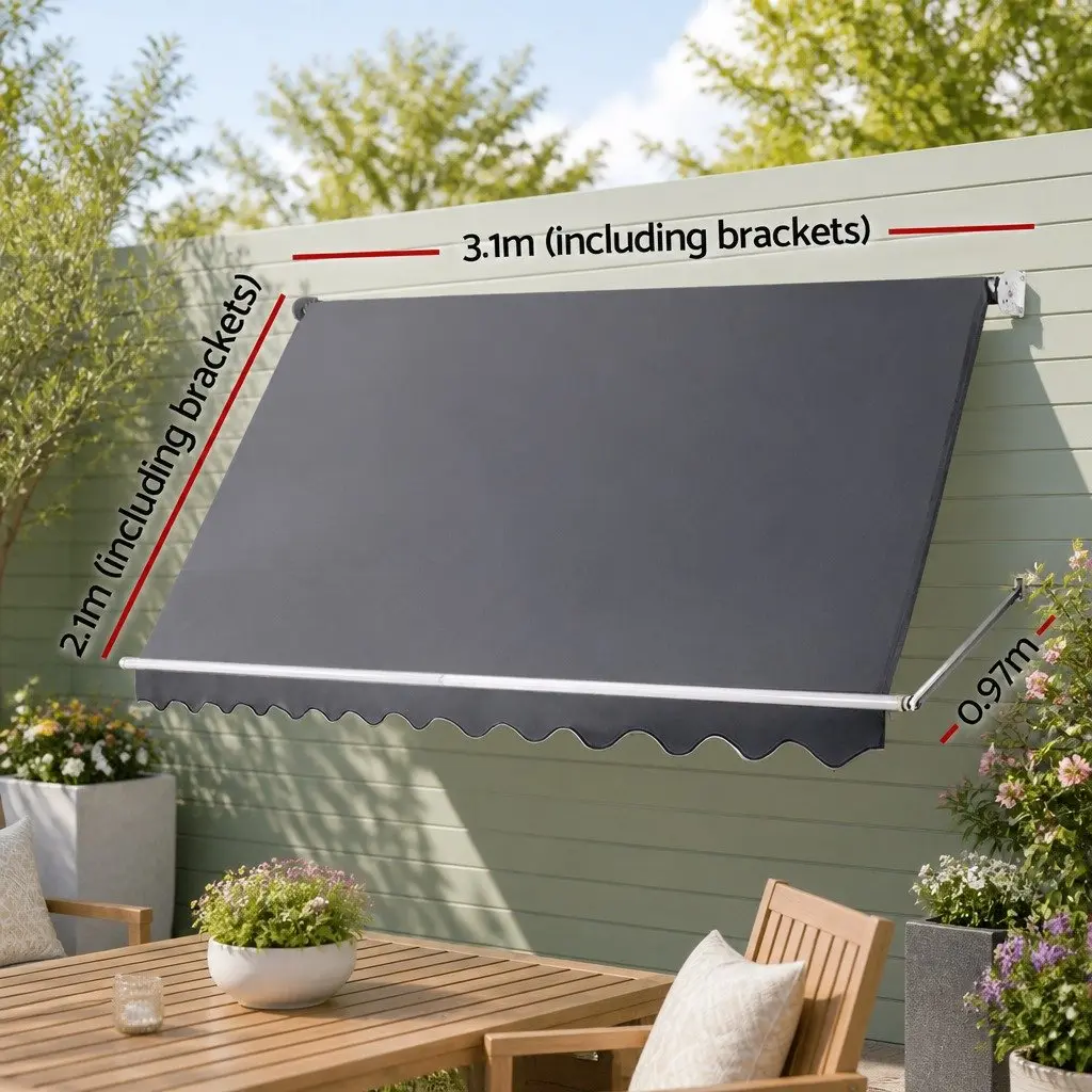 Retractable Awning Aluminum Frame 3.1m x 2.1m Polyester Fabric Grey