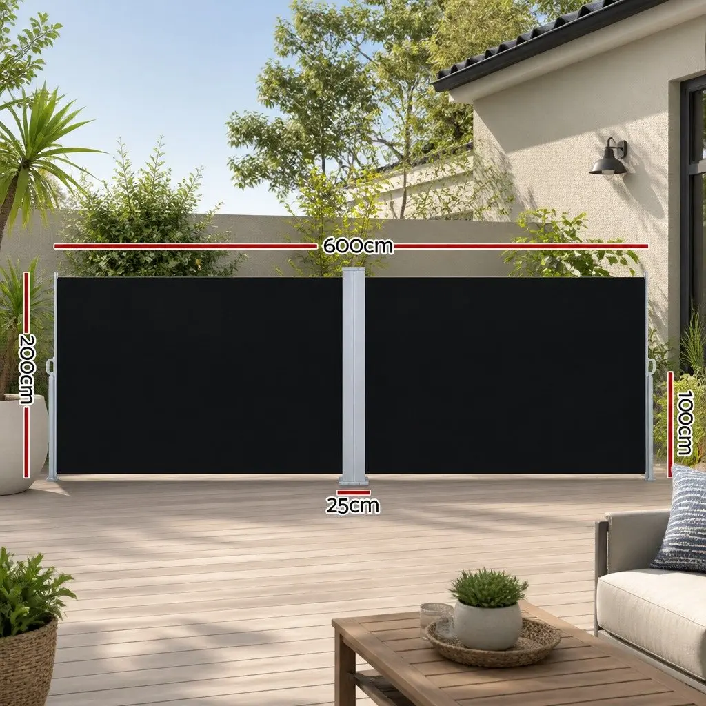 Retractable Side Awning Steel Frame 2M x 6M Black Polyester Outdoor Blinds Sun Shade Screen