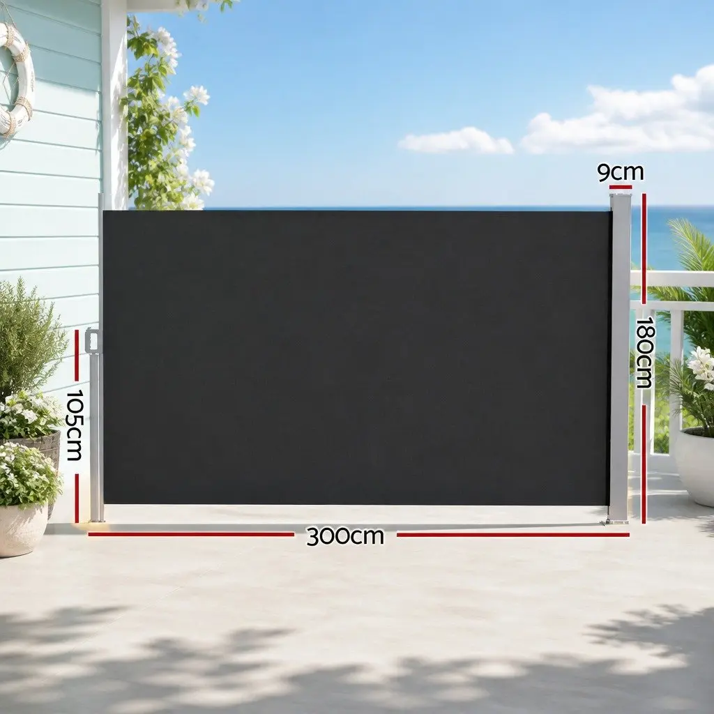 Retractable Side Awning Polyester Fabric 1.8 x 3M Black Steel Frame