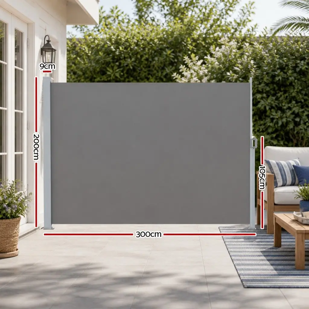 Retractable Awning Side Screen Grey Outdoor Privacy Shade 2M x 3M Steel Frame Polyester Fabric UV Tear Resistant