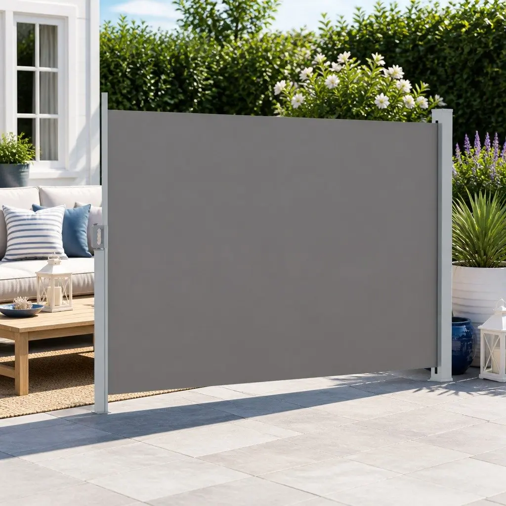 Retractable Awning Side Screen Grey Outdoor Privacy Shade 2M x 3M Steel Frame Polyester Fabric UV Tear Resistant