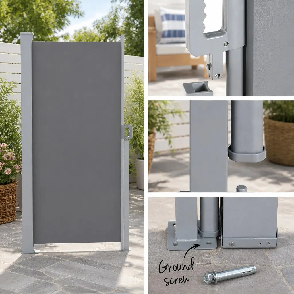 Retractable Awning Side Screen Grey Outdoor Privacy Shade 2M x 3M Steel Frame Polyester Fabric UV Tear Resistant