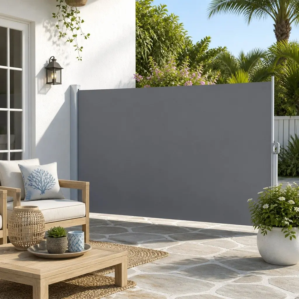 Retractable Awning Side Screen Grey Outdoor Privacy Shade 2M x 3M Steel Frame Polyester Fabric UV Tear Resistant