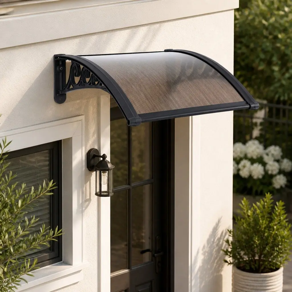 Window Door Awning Canopy Outdoor Patio Shade 0.6m x 0.6m Brown Panel Black Brackets