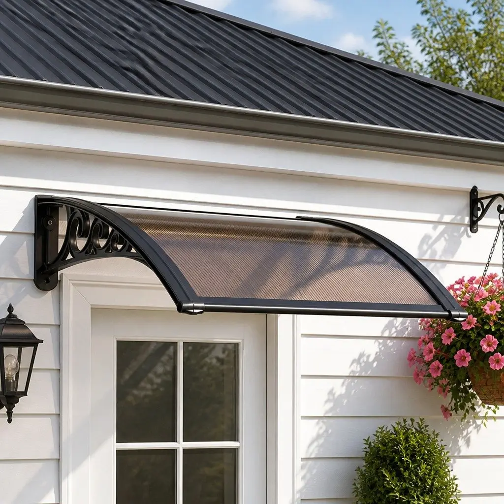 Window Door Awning Canopy Outdoor Patio Shade 0.6m x 0.6m Brown Panel Black Brackets