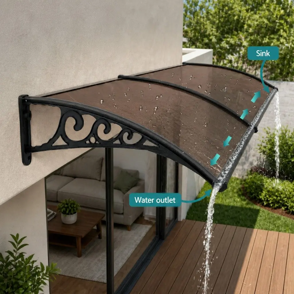 Window Door Awning Canopy Outdoor Patio Shade 0.6m x 0.6m Brown Panel Black Brackets