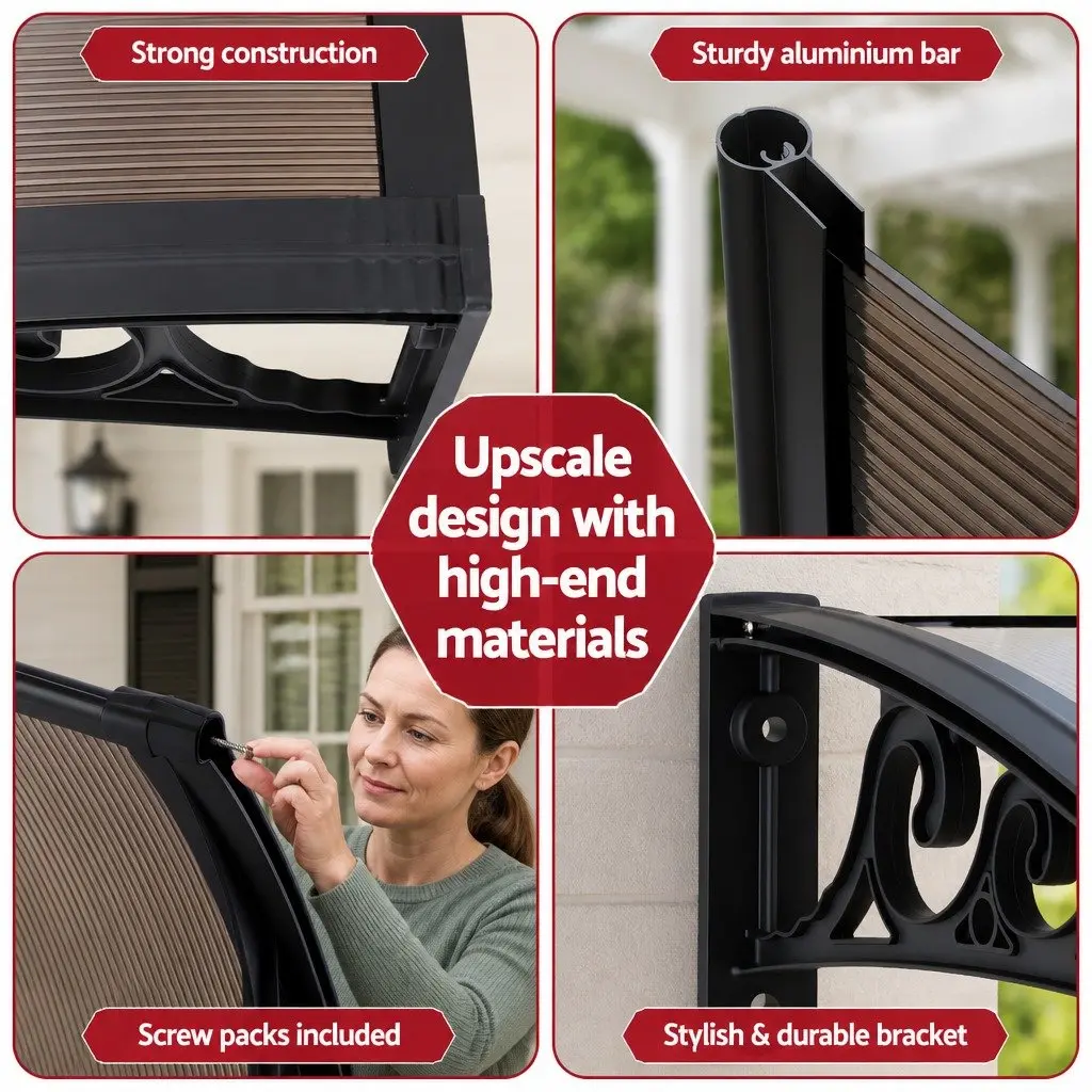 Window Door Awning Canopy Outdoor Patio Shade 0.6m x 0.6m Brown Panel Black Brackets