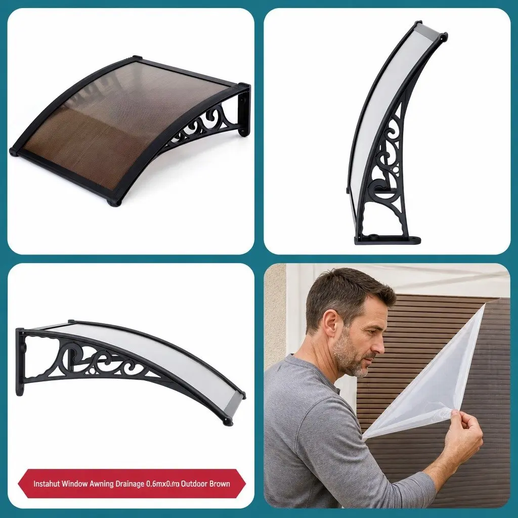 Window Door Awning Canopy Outdoor Patio Shade 0.6m x 0.6m Brown Panel Black Brackets