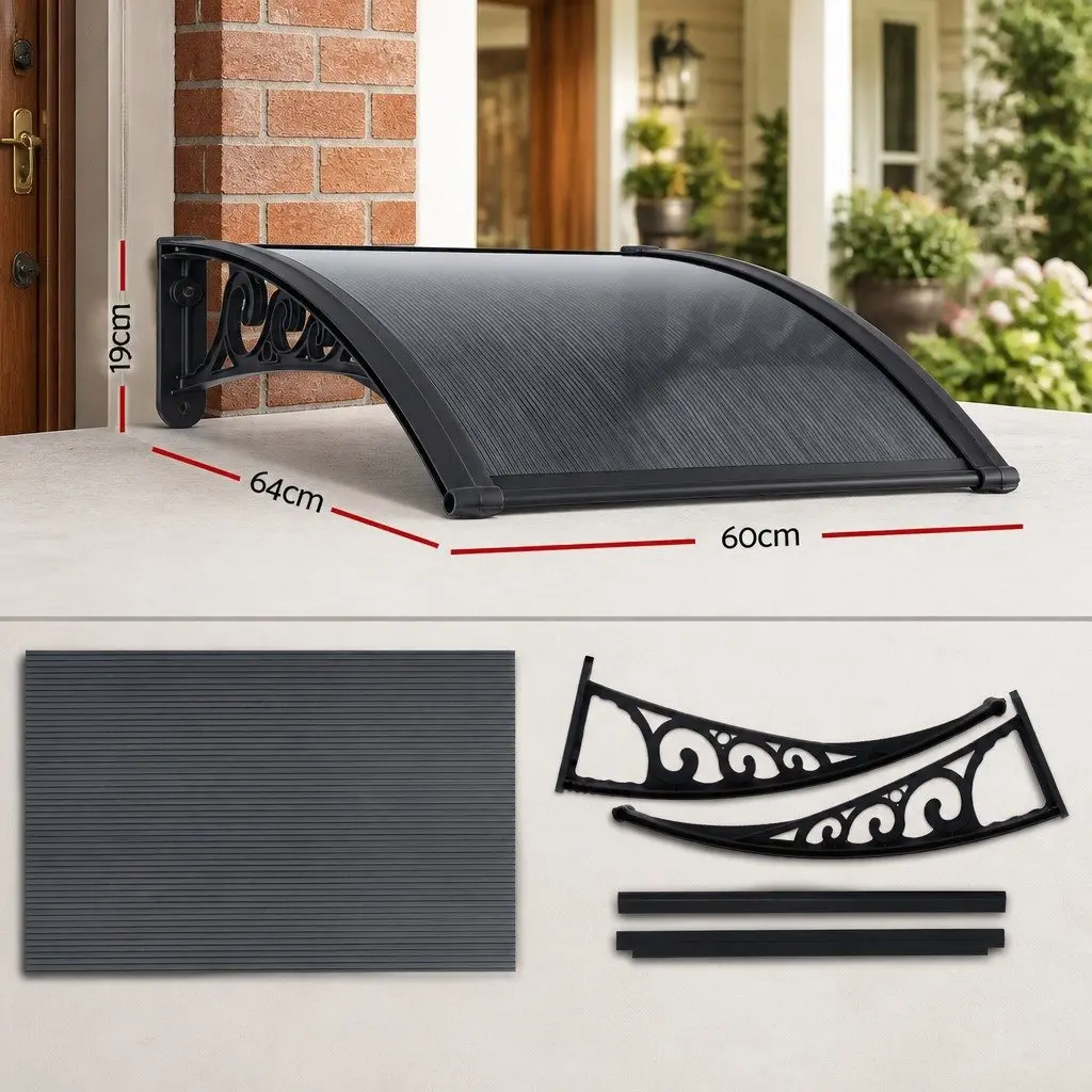 Window Awning 0.6mx0.6m Outdoor Door Canopy Drainage PC Panel Grey Black