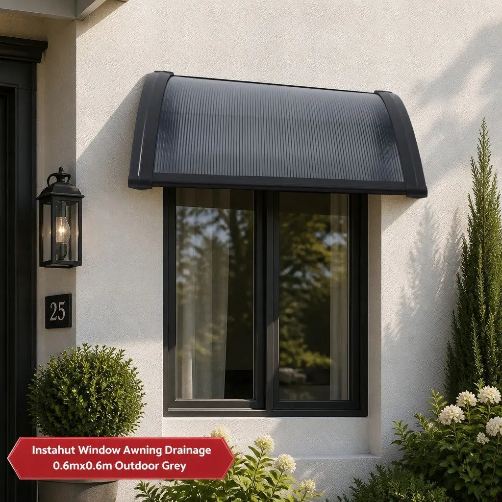 Window Awning 0.6mx0.6m Outdoor Door Canopy Drainage PC Panel Grey Black