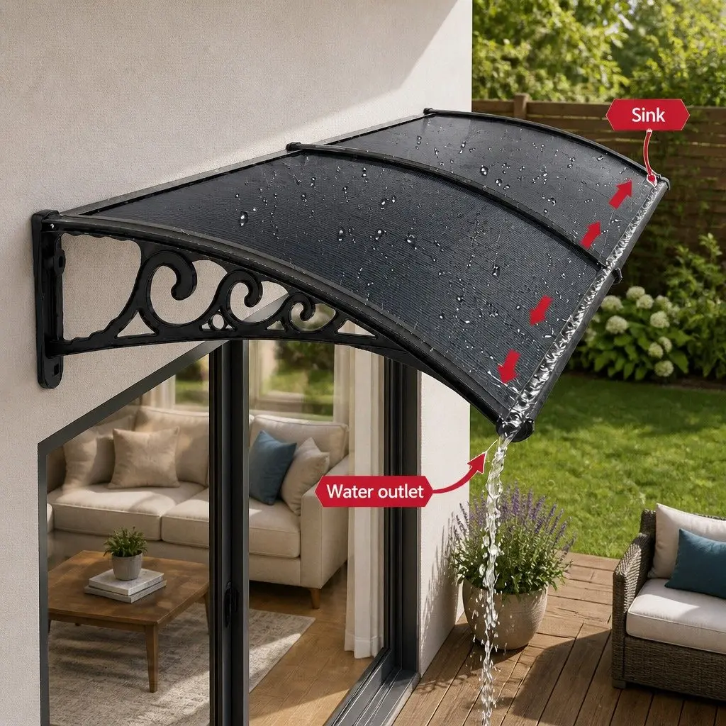 Window Awning 0.6mx0.6m Outdoor Door Canopy Drainage PC Panel Grey Black