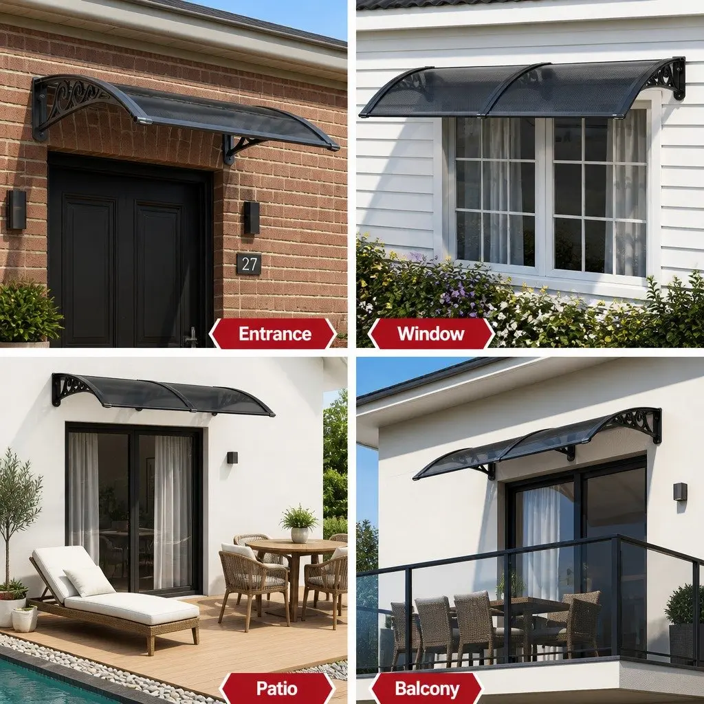 Window Awning 0.6mx0.6m Outdoor Door Canopy Drainage PC Panel Grey Black