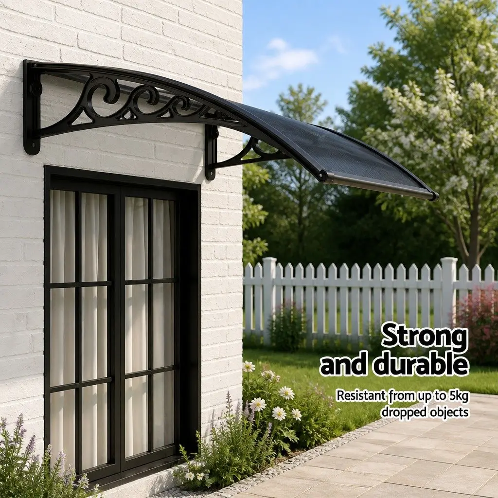 Window Awning 0.6mx0.6m Outdoor Door Canopy Drainage PC Panel Grey Black