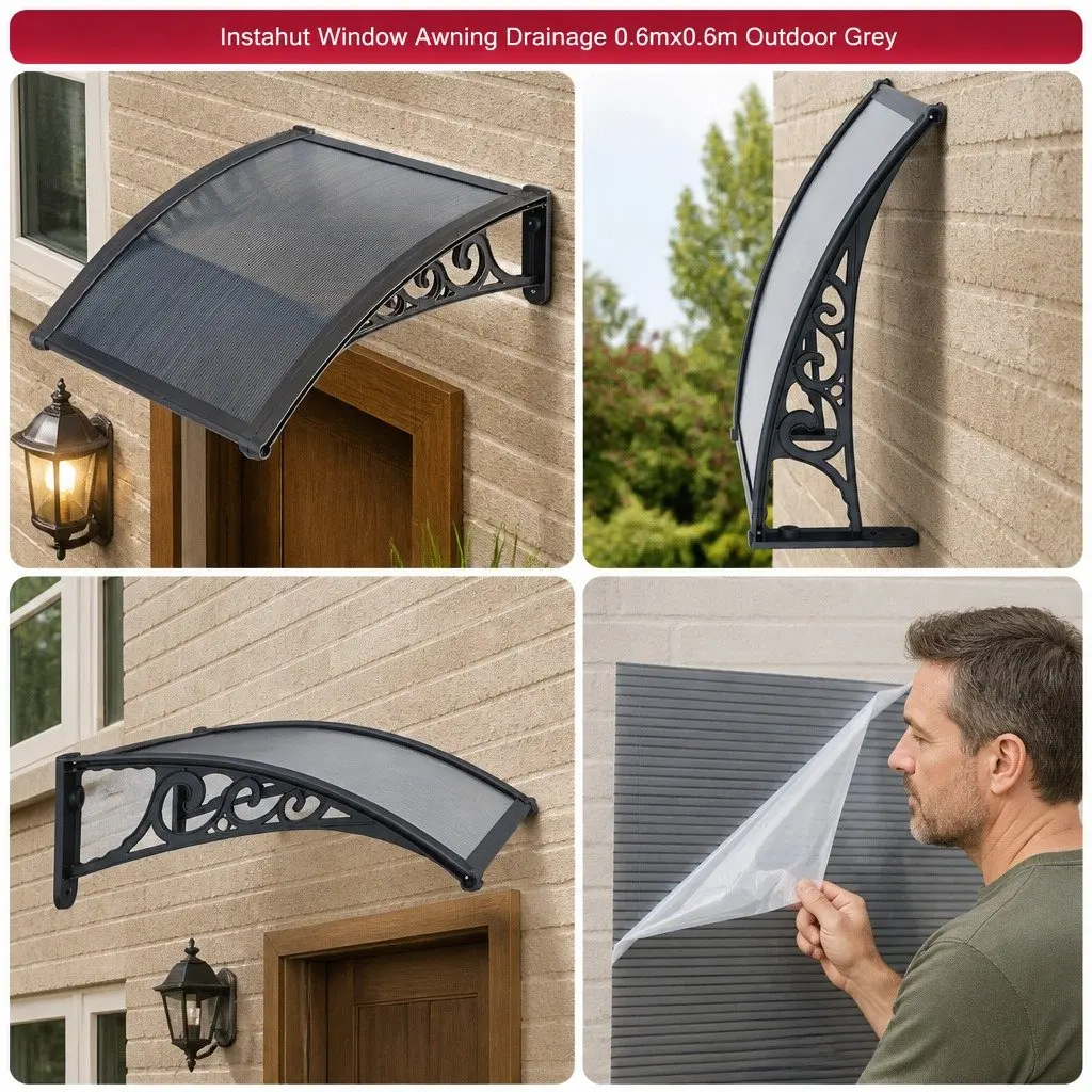 Window Awning 0.6mx0.6m Outdoor Door Canopy Drainage PC Panel Grey Black