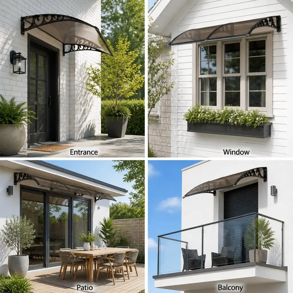 1mx1mbrownpolycarbonateawningforwindowdoorwithaluminiumbracketsandplasticmountsforsunandrainprotection