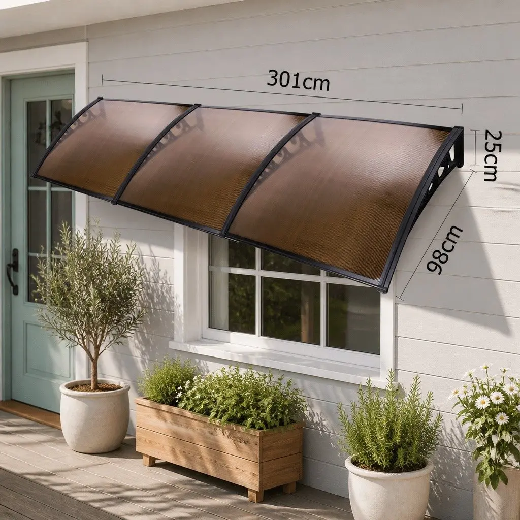 Window Door Awning 1mx3m Brown Black Polycarbonate Panel Aluminium Bars