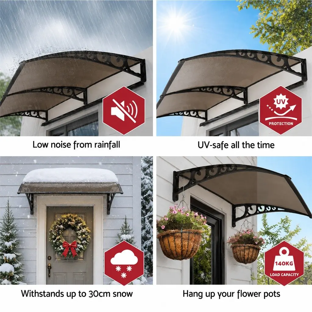 Window Door Awning 1m x 6m Brown PC Panel Hollow Canopy Weather Protection