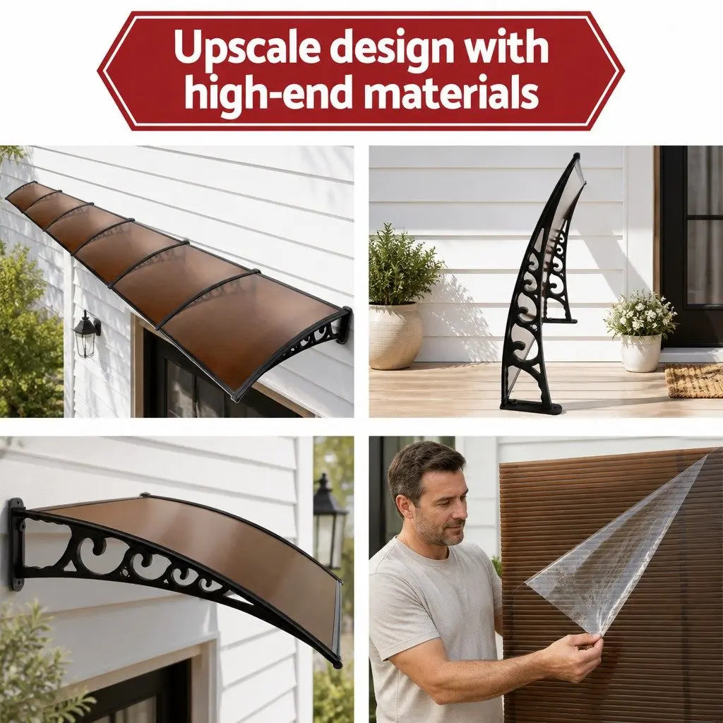 Window Door Awning 1m x 6m Brown PC Panel Hollow Canopy Weather Protection