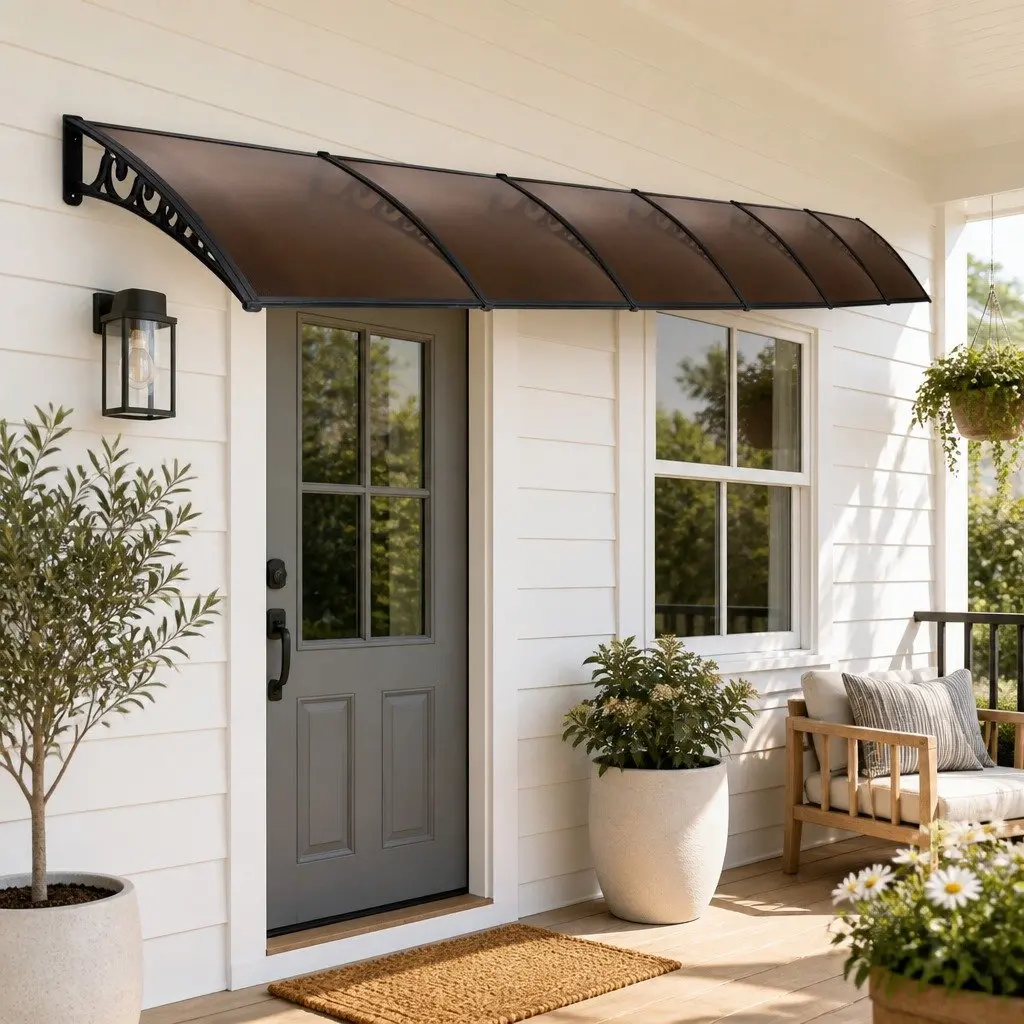 Window Door Awning 1m x 6m Brown PC Panel Hollow Canopy Weather Protection