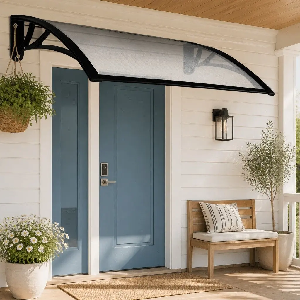 Window Door Awning Canopy 1mx2m Transparent PC Panel Black Bracket Outdoor Shade