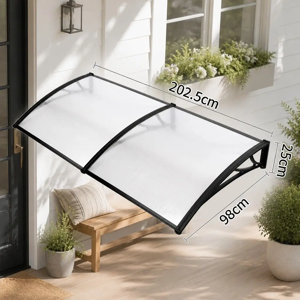 Window Door Awning Canopy 1mx2m Transparent PC Panel Black Bracket Outdoor Shade