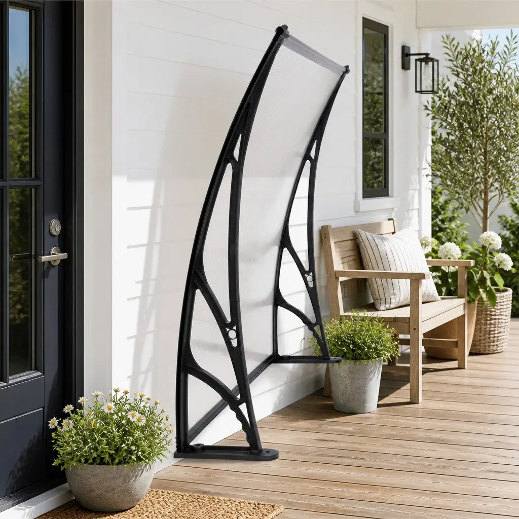 Window Door Awning Canopy 1mx2m Transparent PC Panel Black Bracket Outdoor Shade