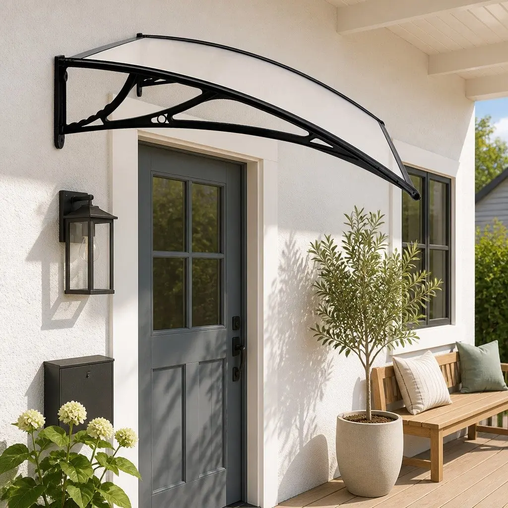 Window Door Awning Canopy 1mx2m Transparent PC Panel Black Bracket Outdoor Shade