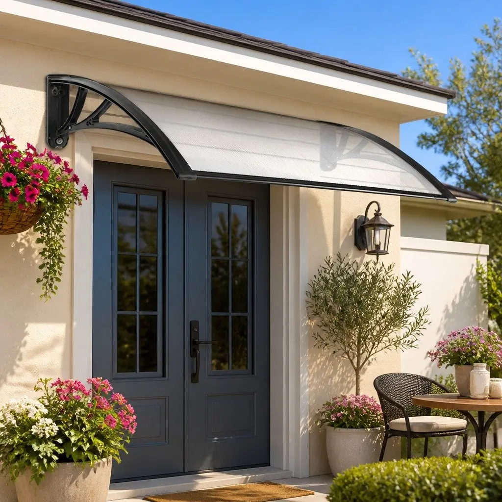 Window Door Awning Canopy 1mx2m Transparent PC Panel Black Bracket Outdoor Shade