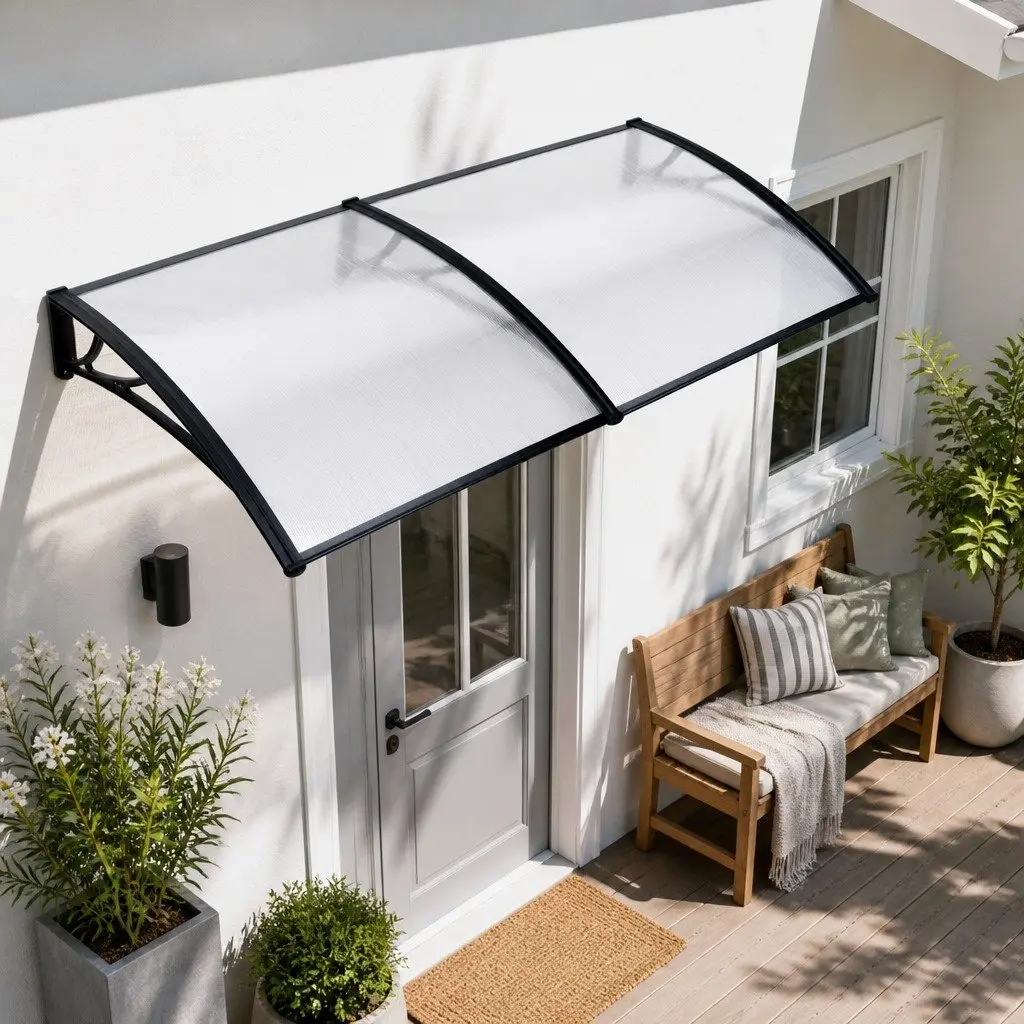 Window Door Awning Canopy 1mx2m Transparent PC Panel Black Bracket Outdoor Shade