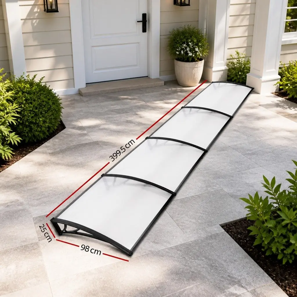 Window Door Awning Canopy 1m x 4m Clear Panel Black Brackets DIY Shade Cover