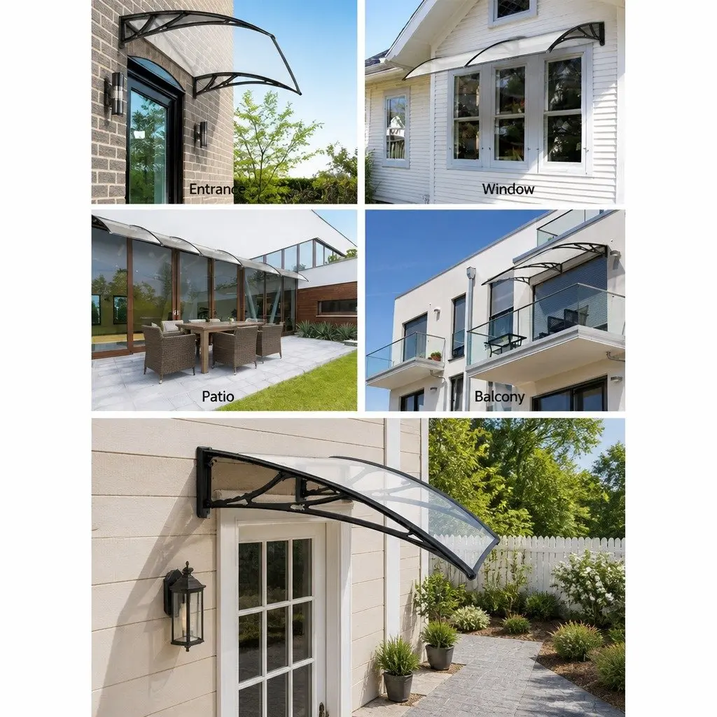 Window Door Awning Canopy 1m x 4m Clear Panel Black Brackets DIY Shade Cover