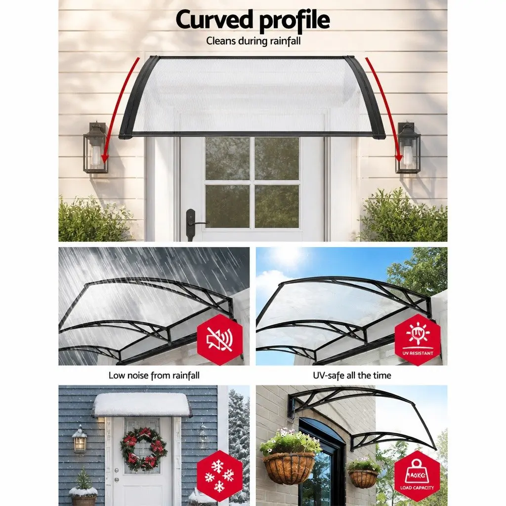 Window Door Awning Canopy 1m x 4m Clear Panel Black Brackets DIY Shade Cover